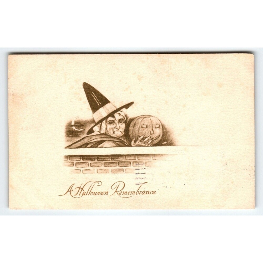 Vintage Halloween Postcard Witch Moon JOL Pumpkin Gibson Sepia Remembrance 1911
